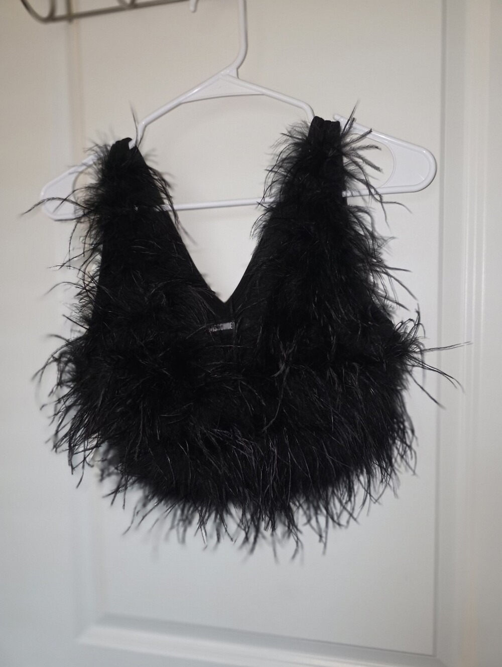 Ostrich Feather V-Neck Crop Top, Black Size 10